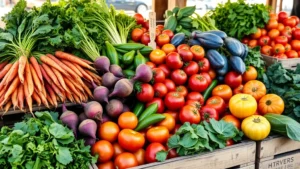 Vibrant farmers market display with fresh seasonal vegetables including colorful carrots, beets, heirloom tomatoes, and leafy greens, morning sunlight highlighting textures and colors, rustic wooden crates