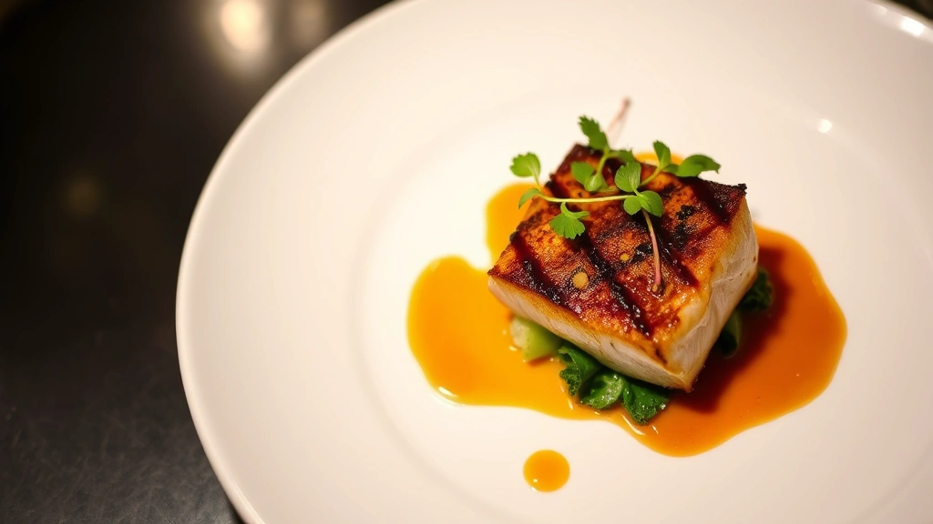 Elegantly plated fine dining course featuring seared fish with crispy skin, artistic vegetable arrangement, glossy sauce, and delicate microgreens, soft restaurant lighting, white plate against dark background