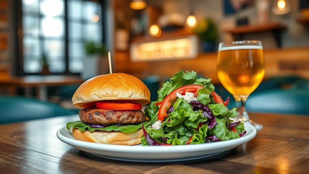 Casual neighborhood bistro table setting with burger and fresh salad, warm ambient lighting, craft beverage in glass, wooden table, blurred restaurant interior background creating intimate atmosphere
