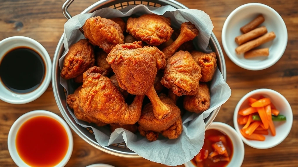 Overhead view of traditional Korean fried chicken bucket filled with various pieces showing mahogany exterior crust, surrounded by small white bowls of gochujang sauce, soy-garlic reduction, and pickled vegetables, wooden table surface, warm natural lighting, authentic Korean dining presentation