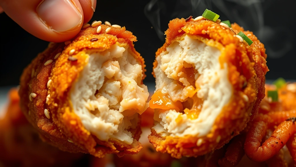 Close-up macro photography of single fried chicken piece being broken apart to reveal juicy, tender interior meat contrast against shattered golden exterior crust, steam wisps visible, garnished with sesame seeds and green onion, dramatic side lighting emphasizing texture and moisture