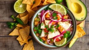 Overhead shot of vibrant ceviche bowl with fresh mahi-mahi, lime juice, diced red onion, cilantro, jalapeño, served with crispy tortilla chips and avocado slices on rustic wooden table, natural lighting