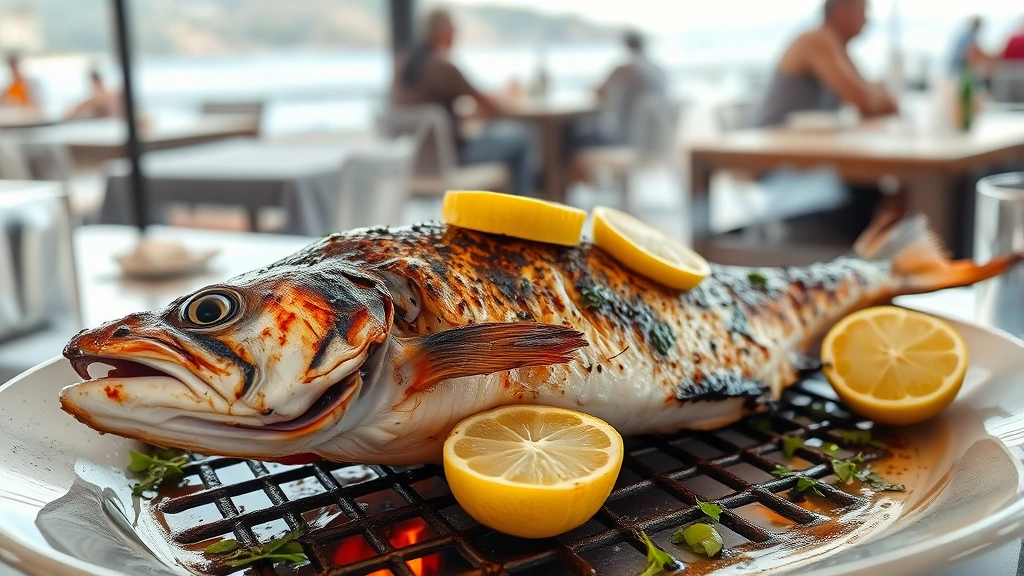 Wood-fired grilled whole branzino fish with charred exterior, fresh lime halves caramelized on grill, herbs scattered on plate, steam rising, coastal restaurant ambiance background