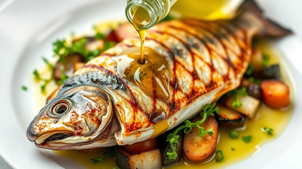Close-up of a perfectly grilled whole fish fillet with crispy golden skin, served on a bed of charred vegetables and microgreens, with a squeeze bottle of lemon-infused oil drizzled artistically on the plate, steam rising slightly