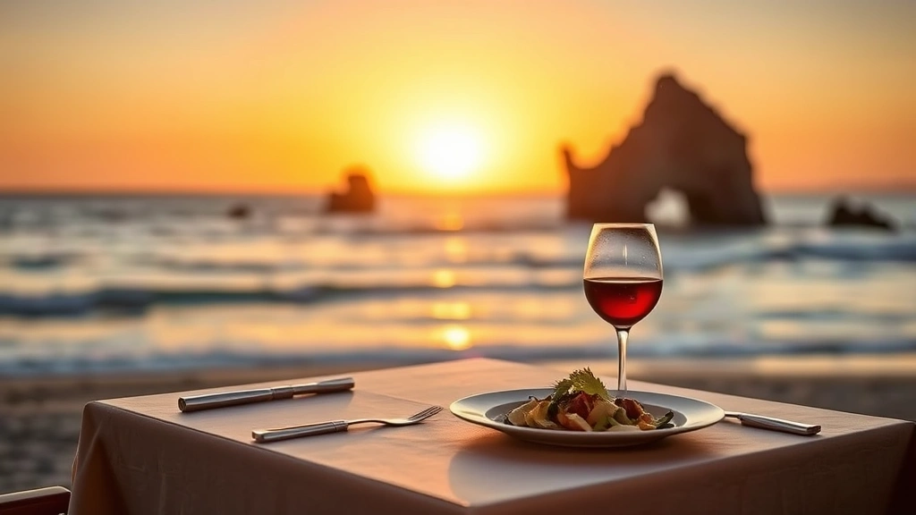 Sunset beachfront dining table setting overlooking the Pacific Ocean with blurred El Arco rock formation in background, featuring a plated seafood dish, wine glass, and place settings, golden hour lighting reflecting off the water