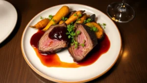 Overhead view of perfectly seared duck breast with cherry gastrique, roasted root vegetables, and microgreens on white ceramic plate, soft restaurant lighting