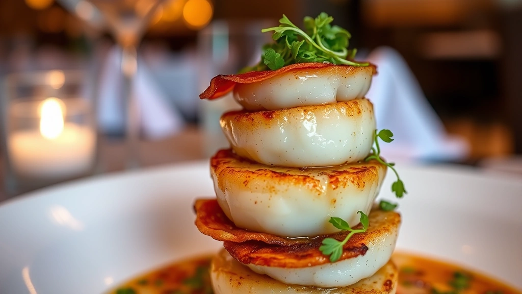 Close-up of pan-seared scallop tower with cauliflower puree, crispy prosciutto, and microgreens, golden-hour dining room lighting in background