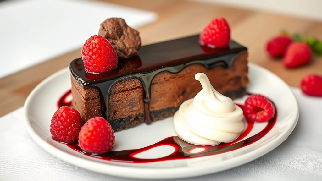 Plated chocolate torte with dark chocolate glaze, raspberry coulis swoosh, fresh raspberries, whipped mascarpone quenelle, and chocolate tuile garnish on dessert plate