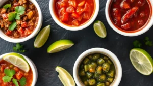 Close-up overhead shot of five distinct salsas in small white bowls arranged on dark slate, showing vibrant red, green, and dark colors with fresh cilantro garnish and lime wedges, natural daylight