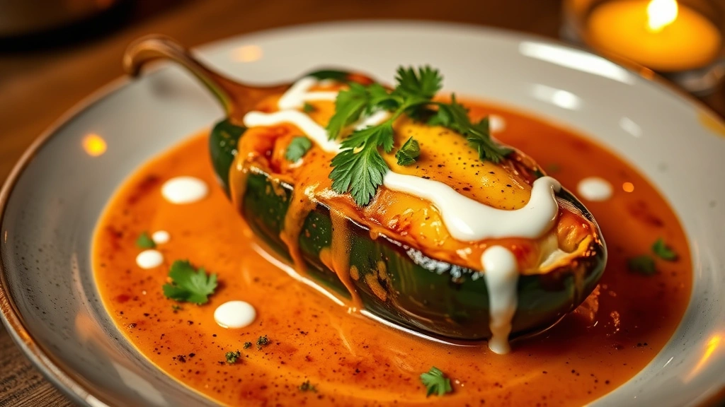 Plated chile relleno with roasted poblano pepper stuffed with melted cheese, covered in ranchero sauce, garnished with fresh cilantro and white crema drizzle, warm elegant lighting