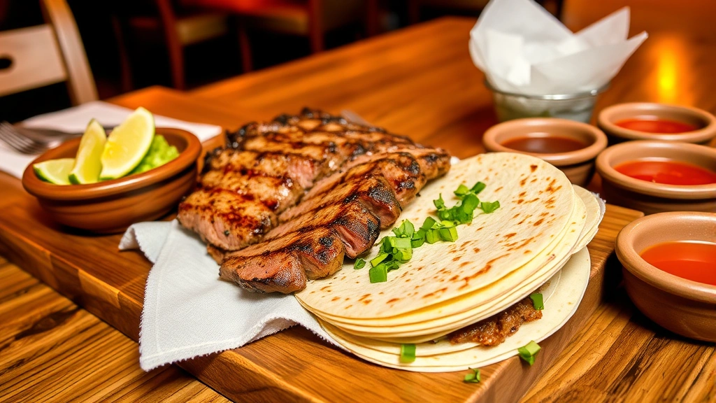 Wooden table setting with grilled carne asada sliced meat, fresh corn tortillas stacked in cloth, guacamole in ceramic bowl, lime wedges, and small salsa bowls, restaurant ambiance lighting