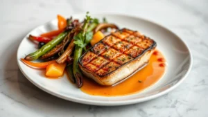 Professional plated contemporary American dish with seasonal vegetables, perfectly seared protein, artistic sauce presentation, natural soft lighting, fine dining aesthetic, close-up detail shot