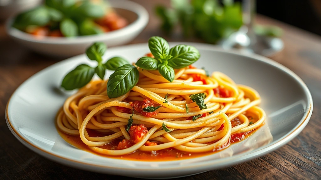 Elegant Italian pasta dish with fresh basil, olive oil sheen, handmade noodles, rich sauce, restaurant plating, professional food photography with shallow depth of field
