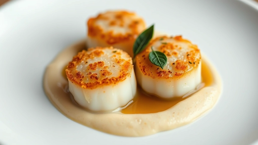 Artfully plated seared scallops with golden crust, silken cauliflower purée, brown butter sage sauce, and delicate uni garnish on white ceramic plate, soft natural canyon light, shallow depth of field, professional food photography