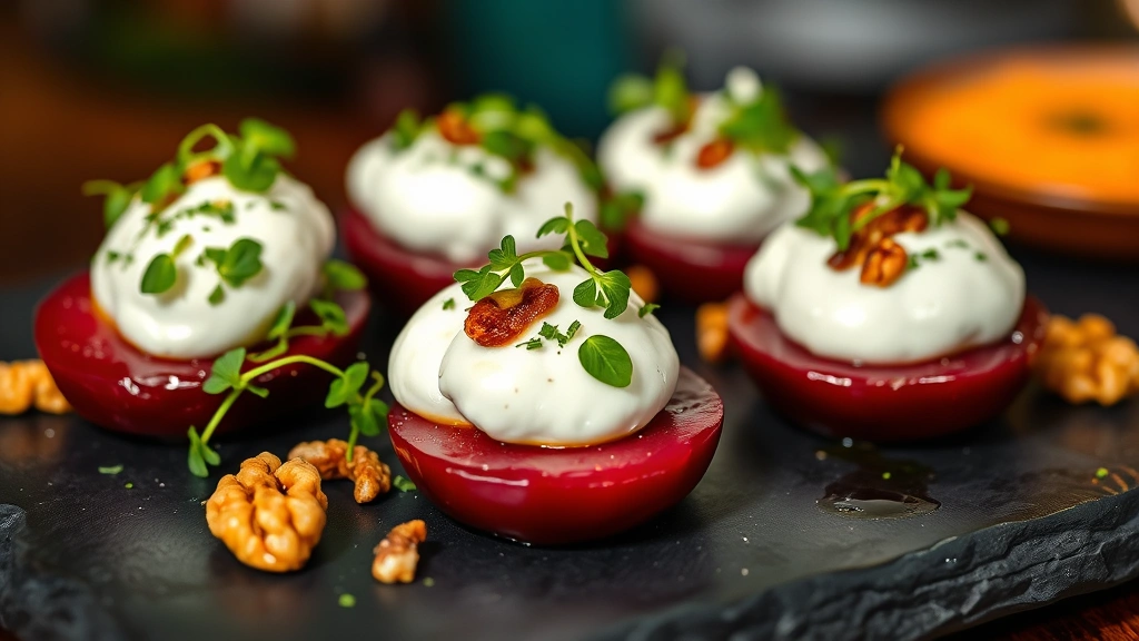 Colorful appetizer composition featuring roasted beets, creamy burrata cheese, candied walnuts, and microgreens arranged on slate plate, garnished with fresh herbs, warm bistro lighting, food styling focus