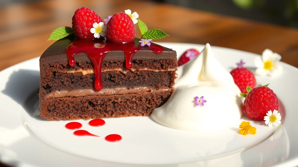 Elegant chocolate torte cross-section showing dense fudgy layers, vibrant raspberry coulis drizzle, vanilla bean crème fraîche quenelle, fresh raspberries, and edible flowers on white plate, warm afternoon light, fine dining presentation