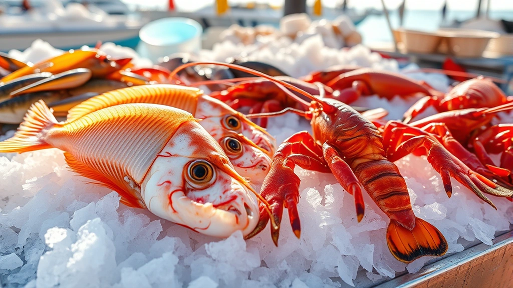 Freshly caught yellowtail and lobster displayed on crushed ice at a coastal fish market, morning sunlight illuminating the glistening seafood with vibrant colors, Mediterranean coastal setting