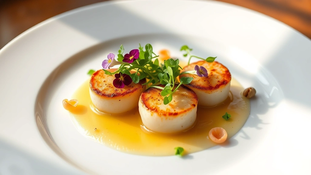 Elegant plated seafood dish featuring seared scallops with seasonal microgreens, citrus foam, and edible flowers on white ceramic plate, fine-dining presentation with soft natural light