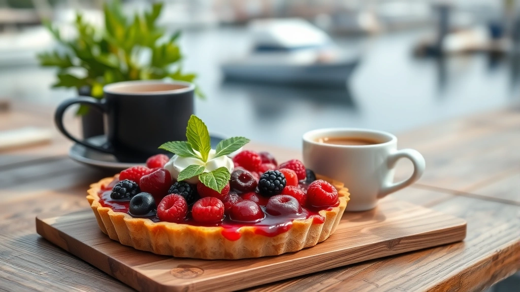 Rustic wooden table set with fresh fruit tart topped with glazed berries, whipped cream dollop, and mint leaf, alongside espresso cup and harbor view in soft focus background