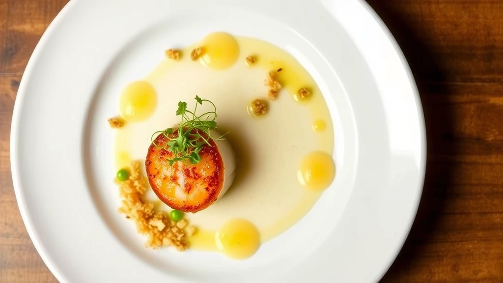 Overhead shot of elegantly plated scallop dish with microgreens, citrus foam, and crispy breadcrumbs on white ceramic plate, professional restaurant lighting