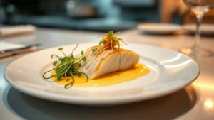 Elegantly plated seafood dish with delicate fish fillet, silky emulsion, crispy garnish, and vibrant microgreens on white porcelain plate, fine dining presentation, shallow depth of field, warm professional lighting, restaurant kitchen background blurred
