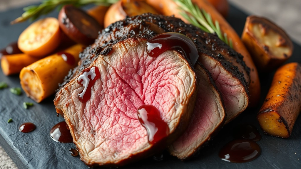 Close-up of perfectly seared dry-aged duck breast with rose-colored center, cherry gastrique drizzle, and roasted root vegetables arranged artfully on slate platter