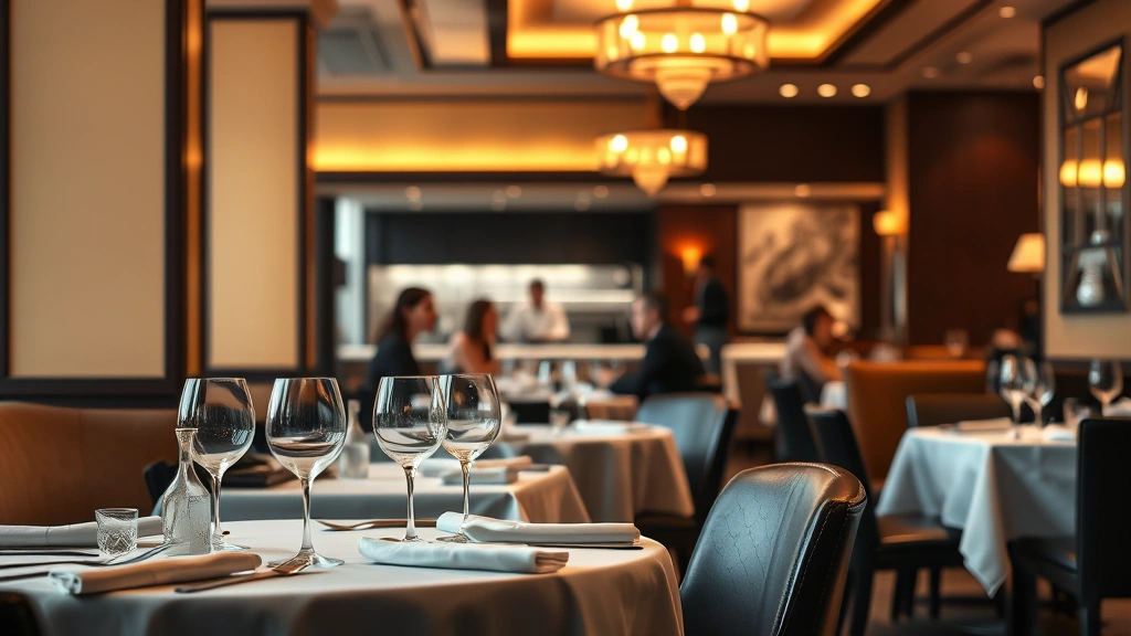 Sophisticated restaurant dining room with intimate table setting, warm ambient lighting, wine glasses, white linens, modern décor, open kitchen visible, diners in background, upscale fine dining atmosphere, evening ambiance