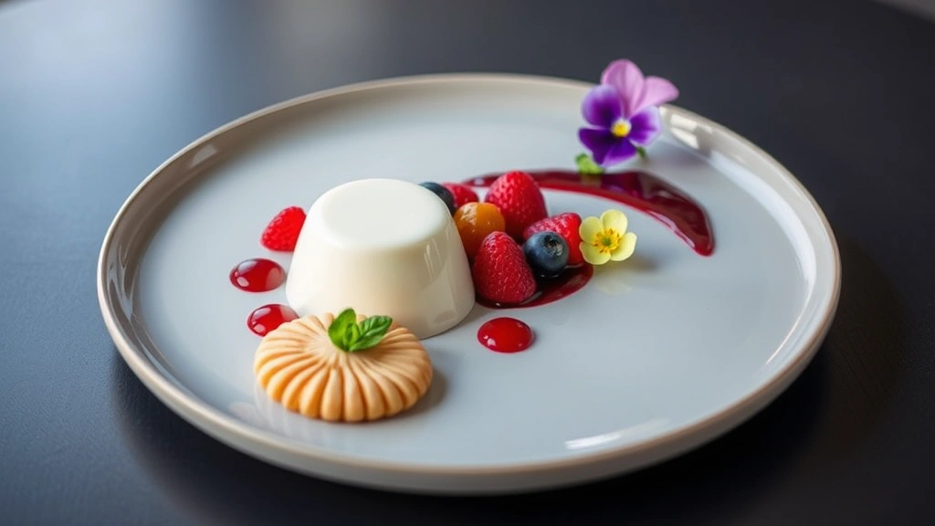 Artistic dessert plate featuring vanilla panna cotta, fresh berries, delicate tuile cookie, and berry coulis with edible flowers, fine dining presentation