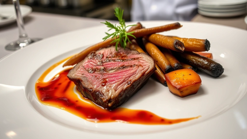 Beautifully composed meat course with perfectly seared protein, rich sauce swirl, roasted seasonal vegetables, artistic plating, fine dining presentation, professional culinary photography, elegant white plate, garnish elements, restaurant kitchen setting