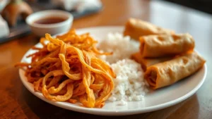 Golden-brown crispy wonton strips and spring rolls on white porcelain plate with steaming white rice, professional restaurant plating, warm overhead lighting highlighting texture contrast, shallow depth of field, food photography style