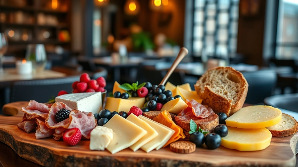 Artisanal charcuterie and cheese board featuring Michigan-made cheeses, cured meats, fresh berries, honeycomb, and crusty sourdough bread arranged on wooden serving plank with ambient restaurant lighting