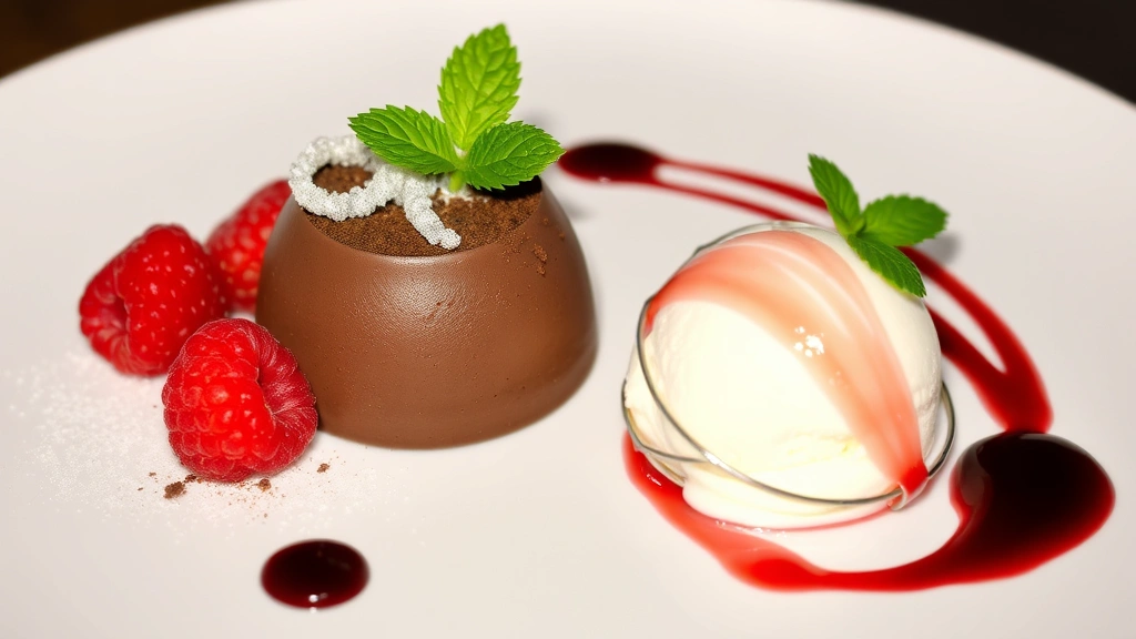 Elegant plated dessert featuring dark chocolate mousse, fresh raspberries, gold leaf accent, and delicate spun sugar cage, served with vanilla bean ice cream and berry coulis on fine dining plate