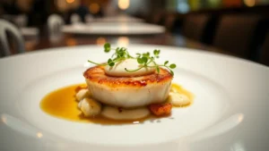 Professional plated scallop appetizer with caramelized surface, cauliflower puree, crispy florets, brown butter foam, and microgreens on white ceramic plate, restaurant lighting, shallow depth of field