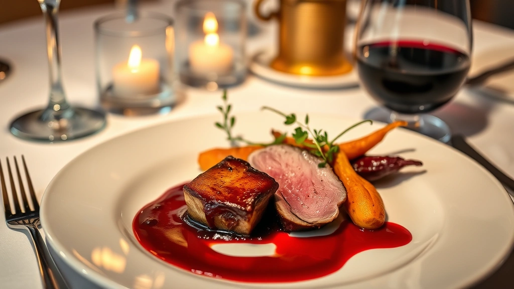 Elegant duck breast entree with cherry black garlic puree, roasted root vegetables, red wine reduction, and white space composition on restaurant china, warm ambient lighting, fine dining presentation