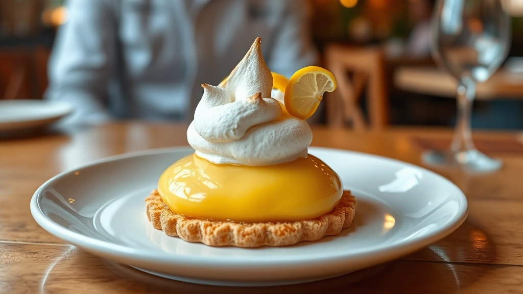 Sophisticated lemon dessert with crispy tuile base, light lemon curd, crackled meringue, candied lemon peel garnish, and artistic plating on white plate, pastry chef precision, restaurant ambiance
