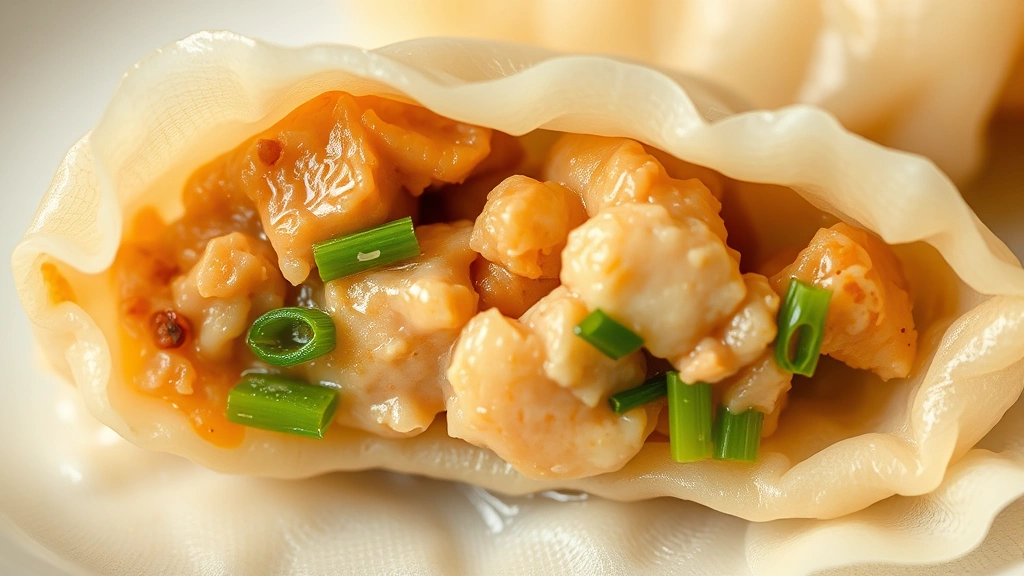 Close-up cross-section of a single dumpling showing tender wrapper, detailed filling texture with visible pork pieces and chives, translucent quality, shallow depth of field