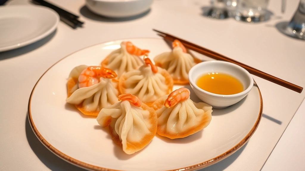 Elegant plating arrangement of shrimp dumplings with golden pan-fried bottoms, fresh ginger-vinegar sauce in small dish, chopsticks, minimalist table setting, professional restaurant lighting