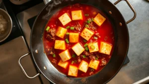 Overhead shot of steaming wok with vibrant red Mapo Tofu, silken white tofu cubes in chili oil with ground pork and Sichuan peppercorns, garnished with fresh scallions, aromatic steam rising, professional restaurant kitchen lighting, authentic Chinese cuisine photography