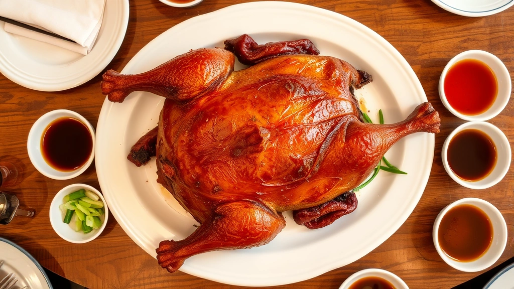 Overhead shot of whole roasted Peking Duck on white porcelain platter, skin crackling golden-brown, served with thin pancakes, julienned cucumber, scallions, and hoisin sauce in small bowls, wooden table surface, warm restaurant ambient lighting