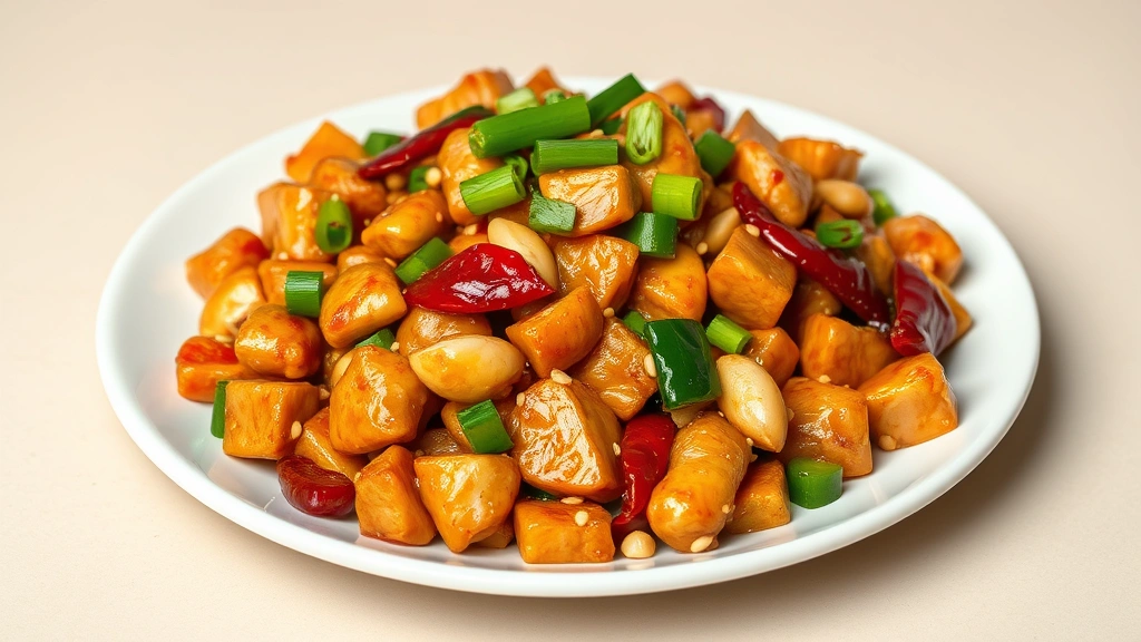 Artfully arranged plate of Kung Pao Chicken with glistening diced chicken pieces, roasted peanuts, dried red chilies, bell pepper chunks, glossy sauce coating, garnished with sesame seeds and scallion green, professional plating against neutral background