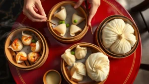 Overhead shot of steaming bamboo dim sum baskets on a round red lacquered table, showing translucent har gow shrimp dumplings, open-faced siu mai with peas on top, and glistening siu long bao, soft golden restaurant lighting reflecting off glossy surfaces, hands reaching with chopsticks