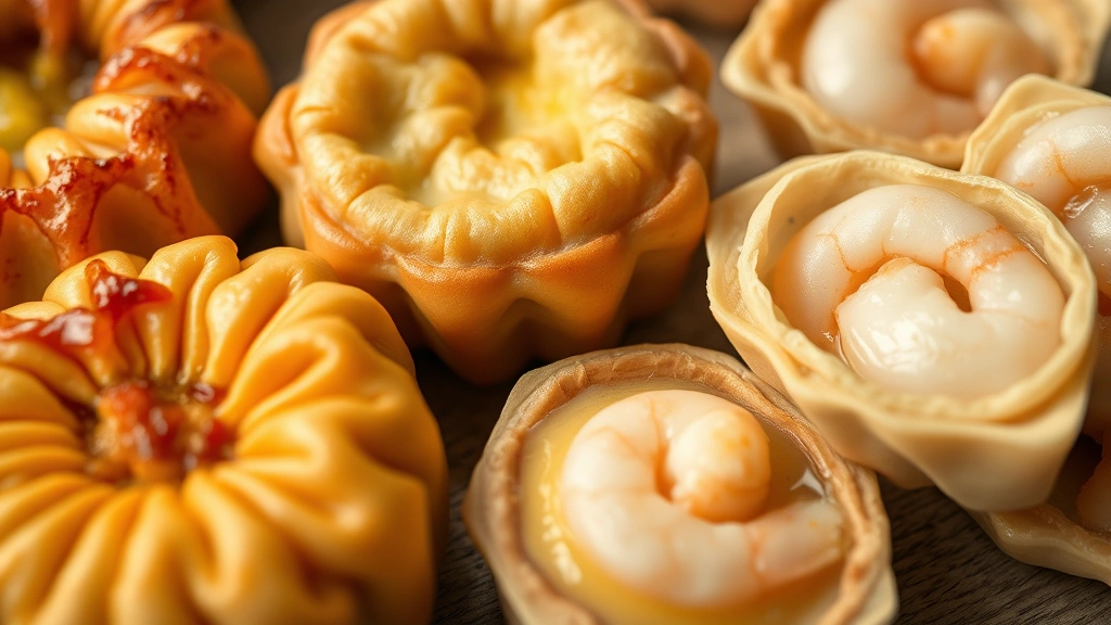 Close-up detail of freshly steamed dim sum items: golden crispy turnip cakes with visible char, silky egg custard tarts with flaky pastry shells in various stages of being eaten, shrimp cheung fun rolls with visible plump shrimp, shallow depth of field emphasizing texture and moisture