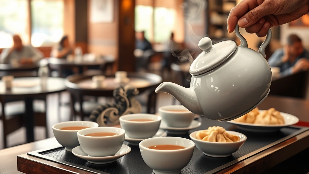 Serene tea service moment showing traditional ceramic teapot pouring oolong tea into small white porcelain cups, with dim sum plates arranged artfully, soft steam rising, blurred restaurant background with round tables and diners, natural warm lighting