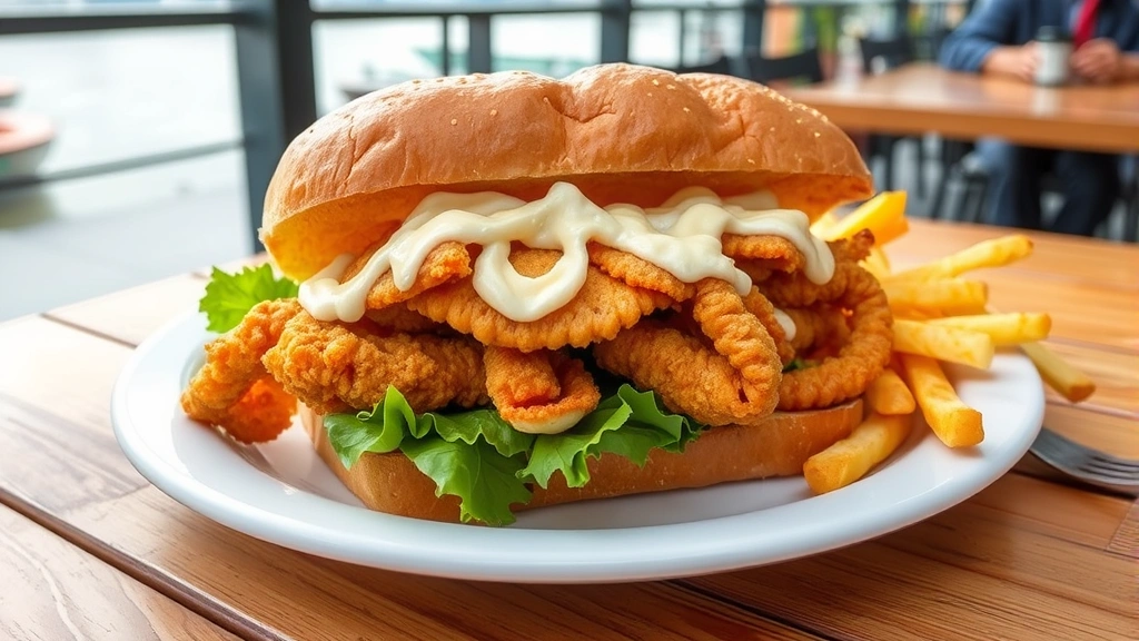 Golden-fried soft-shell crab sandwich on toasted brioche with remoulade and crisp lettuce, served with hand-cut fries, waterfront restaurant table background