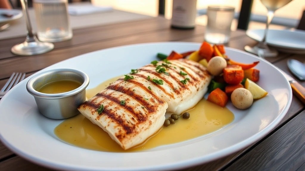 Grilled flounder fillet with brown butter, capers, and fresh herbs, accompanied by seasonal roasted vegetables and drawn butter ramekin, sunset waterfront dining setup