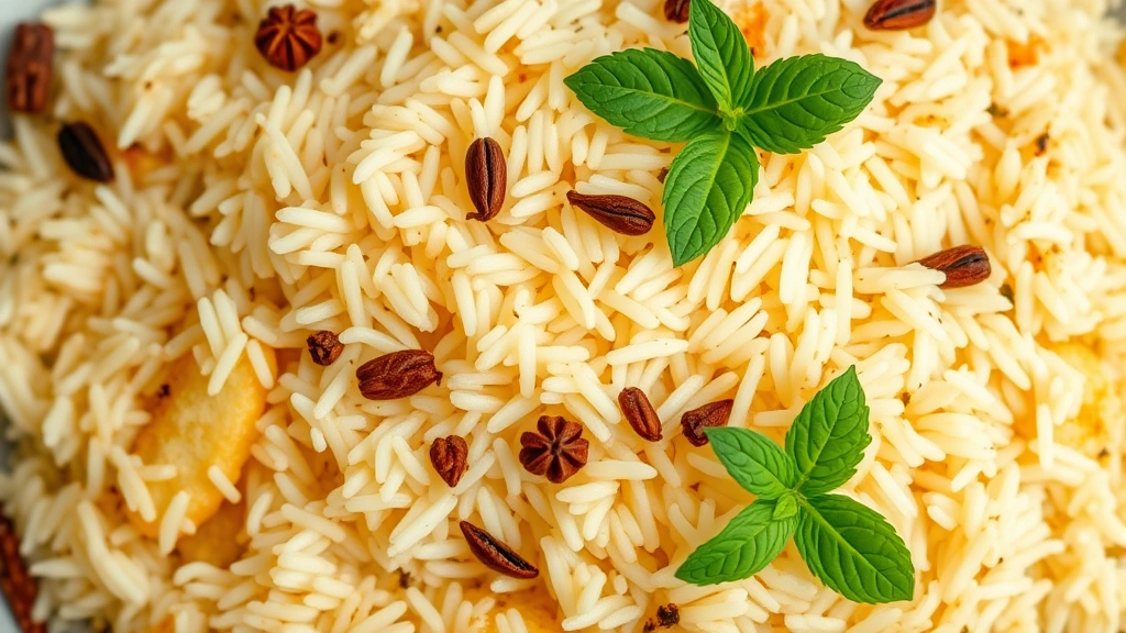 Overhead shot of aromatic biryani with perfectly separated basmati rice grains, golden-brown caramelized bottom layer visible, whole spices like cardamom and cinnamon scattered on surface, fresh mint leaves as garnish