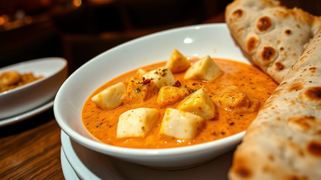 Artistic plating of creamy paneer tikka masala in white bowl, silky tomato-cream sauce coating paneer cubes, aromatic spices visible on surface, traditional naan bread partially visible at edge, warm restaurant lighting creating appetizing ambiance