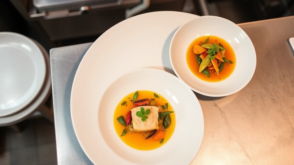 Overhead view of artfully plated fine dining course featuring seasonal Georgia vegetables, herb garnishes, and sophisticated sauce work on white ceramic plate, professional restaurant kitchen setting