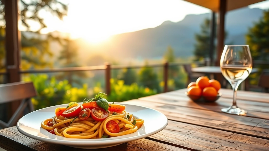 Golden-hour outdoor patio dining scene with mountain views, fresh pasta dish with heirloom tomatoes and basil, rustic wooden table, warm evening light filtering through trees