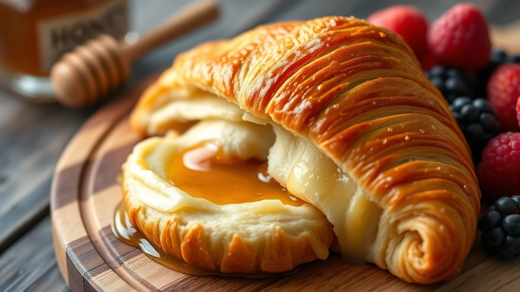 Close-up of handcrafted breakfast pastry with flaky croissant layers, butter-glazed surface, served with local honey and fresh berries on artisanal wooden board, soft natural light
